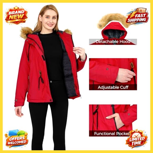 Women's Waterproof Ski Jacket Insulated Fleece Parka Windproof Hooded Snow Coat - Picture 2 of 6